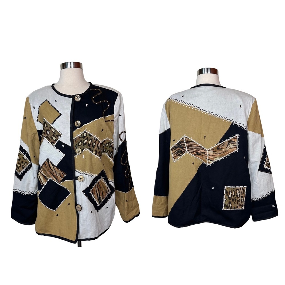 Allure 90s Wearable Art Vintage Patchwork Cotton Flax Animal Print Jacket Large